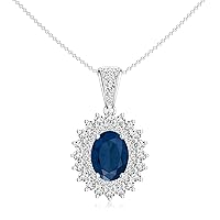 Natural Blue Sapphire Oval Pendant Necklace with Diamond for Women in Sterling Silver / 14K Solid Gold/Platinum