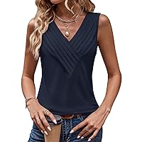 Womens V Neck Tank Tops Loose Fit Pleated Work Dressy Casual Tanks Summer Sleeveless Shirts