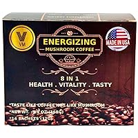 VM Energizing Mushroom Coffee-Reishi with Ginseng & Carbo Mix-Instant coffee.Natural Ganoderma With Instant Cafe.Dietary supplement.8-in-1 Mushroom Coffee.Mix coffee organic classic.Made in USA.(14)S