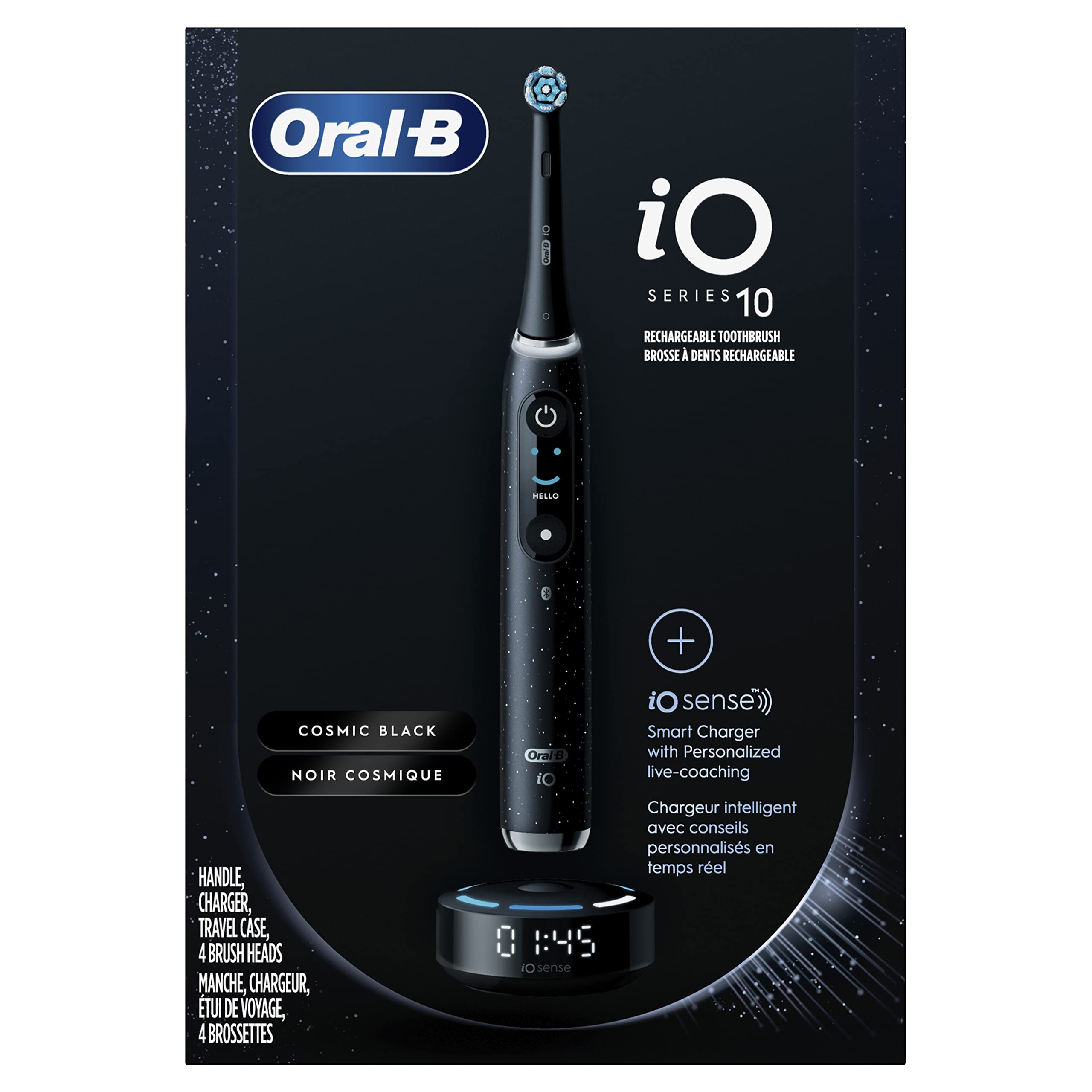 Oral-B iO Series 10 Rechargeable Electric Powered Toothbrush with iO Sense Charger and 4 Replacement Brush Heads, Black