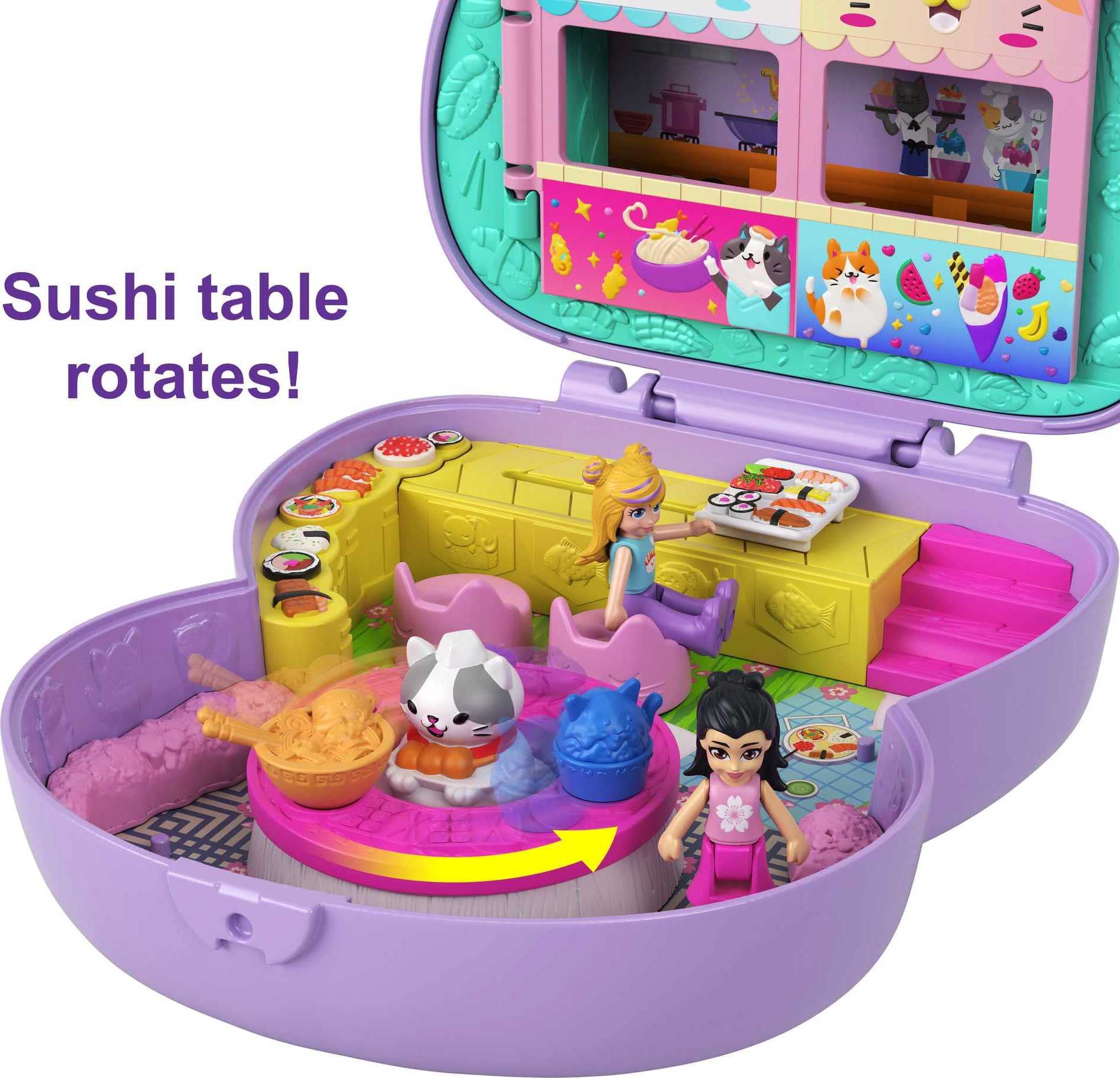 Polly Pocket Compact Playset, Sushi Shop Cat with 2 Micro Dolls & Accessories, Travel Toys with Surprise Reveals