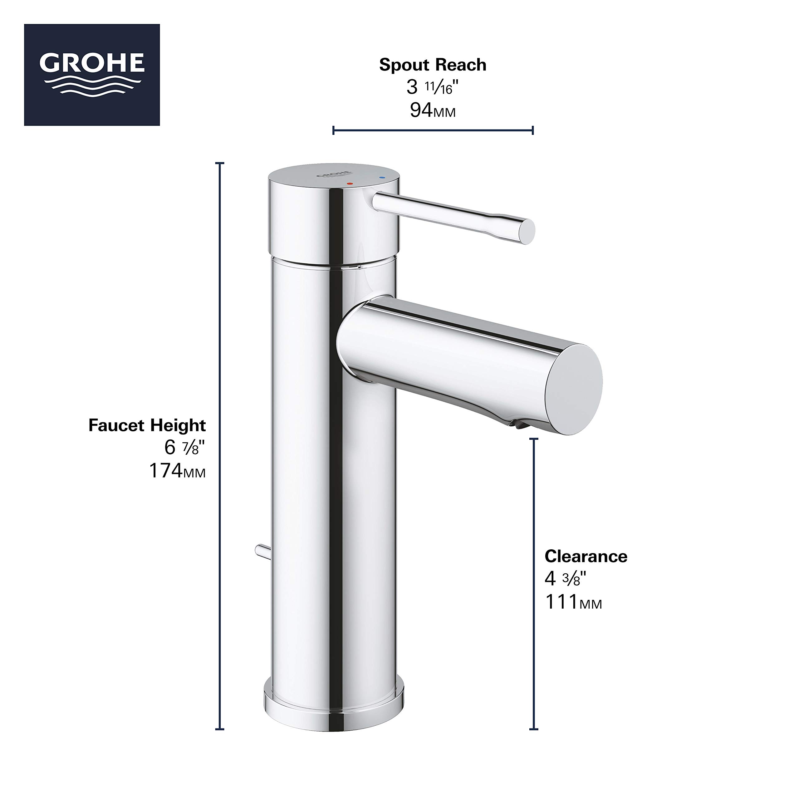 GROHE 32216ENA Essence Single Hole Bathroom Faucet with Single Handle, Size Small, Brass, Brushed Nickel Infinity Finish