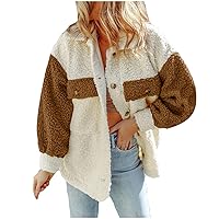 2023 Winter Fuzzy Color Block Jacket for Womens Lapel Button Down Fashion Coats Casual Loose Outerwear with Pockets