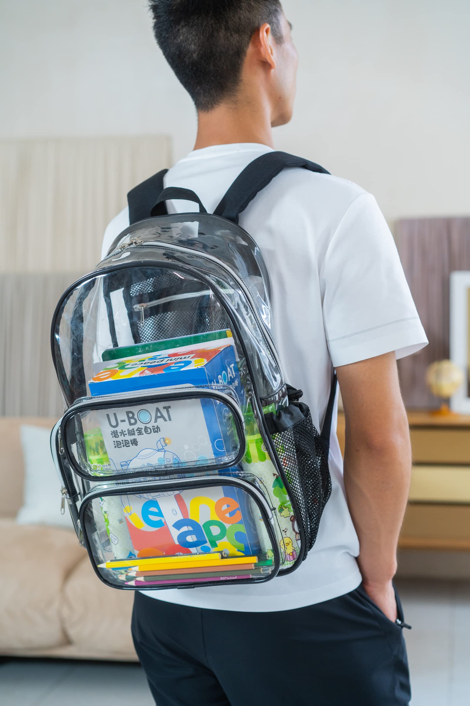 CAMTOP Clear Backpack Heavy Duty Transparent Bag See Through BookBag for Student School Work Festival Sport Travel (Black)