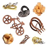 8 Pieces Wooden and Metal Brain Teaser Puzzles for Adults and Kids Family Games Party Favor Coffee Time Unlock Interlock Mind Challenging