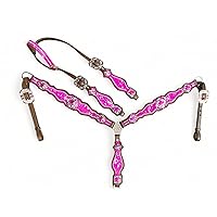 Western Leather Headstall and Breast Collar tack Set for The Horse,Valentine Day Pink Silver Metallic Acid wash Cowhide Look with Rhinestone