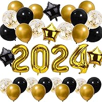 RUBFAC 40 Inches Black Gold Balloons 2024 Happy New Year Decorations, Gold Foil 2024 Number Balloons for New Year Eve Party Supplies Graduation Decorations