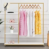 BOSURU Gold Clothes Racks with 4-Tier Wood Shelves, Modern Freestanding Gold Clothing Racks for Hanging Clothes Display Racks,Rolling Clothing Racks for Boutique, Cloth Store