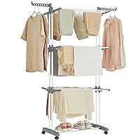 SONGMICS Clothes Drying Rack Stand 4-Tier, Foldable Laundry Drying Rack 67.7-Inch Tall, Stainless Steel, Rolling Clothes Horses Dryer Rack, Easy to Assemble, Indoor Outdoor Use, White ULLR701W01