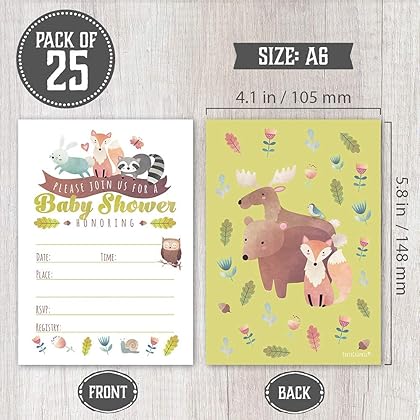 A Set of 25 Woodland Animals Baby Shower Invitations, Diaper Raffle Tickets and Baby Shower Book Request Cards with Envelopes. Gender Neutral Invites Perfect for Baby Boys and Baby Girls.