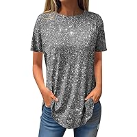 Short Sleeve Tunic Tops for Women,Trendy Crew Neck Glitter Tops Casual Sequin Print Loose Womens Summer Tops