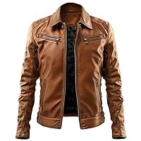 Men's Genuine Lambskin Leather Biker Jacket, Brown, Fashinable Style Sleek
