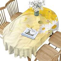 Yellow Polyester Oval Tablecloth,Daisy Flowers Butterflies Pattern Printed Washable Table Cloth Cover,60x84 Inch Oval,for Buffet Banquet Parties Event Holiday Dinner