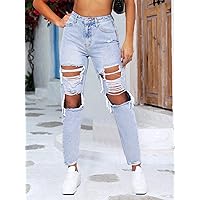 Jeans for Women Pants for Women Women's Jeans Ripped Cut Out Mom Fit Jeans (Color : Light Wash, Size : W28 L32)