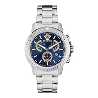 Versace New Chrono Collection Luxury Mens Watch Timepiece with a Silver Bracelet Featuring a Silver Case and Blue Dial