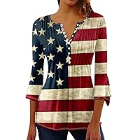 Tunic Tops for Women Independence Day Crewneck Casual Blouse Buttons Pleated 3/4 Beach Hawaiian Shirt
