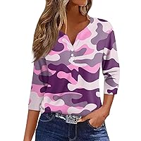 Women Fashion V-Neck T Shirt 3/4 Sleeve Camouflage Ink Printed Button Down Blouse Cute Going Out Casual Tops