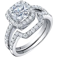 PEORA Moissanite Cushion Cut Halo Engagement Ring and Wedding Band Bridal Set in Sterling Silver, 2 Carat Center, DE Color, VVS Clarity, Sizes 4 to 10