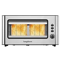 Clear View Toaster, LONGDEEM 1.75'' Extra Long Slot Glass Toasters Stainless Steel 2 Slice with 6 Browning Control for Bagel, Defrost & Auto Shut Off with Removable Crumb Tray, Silver