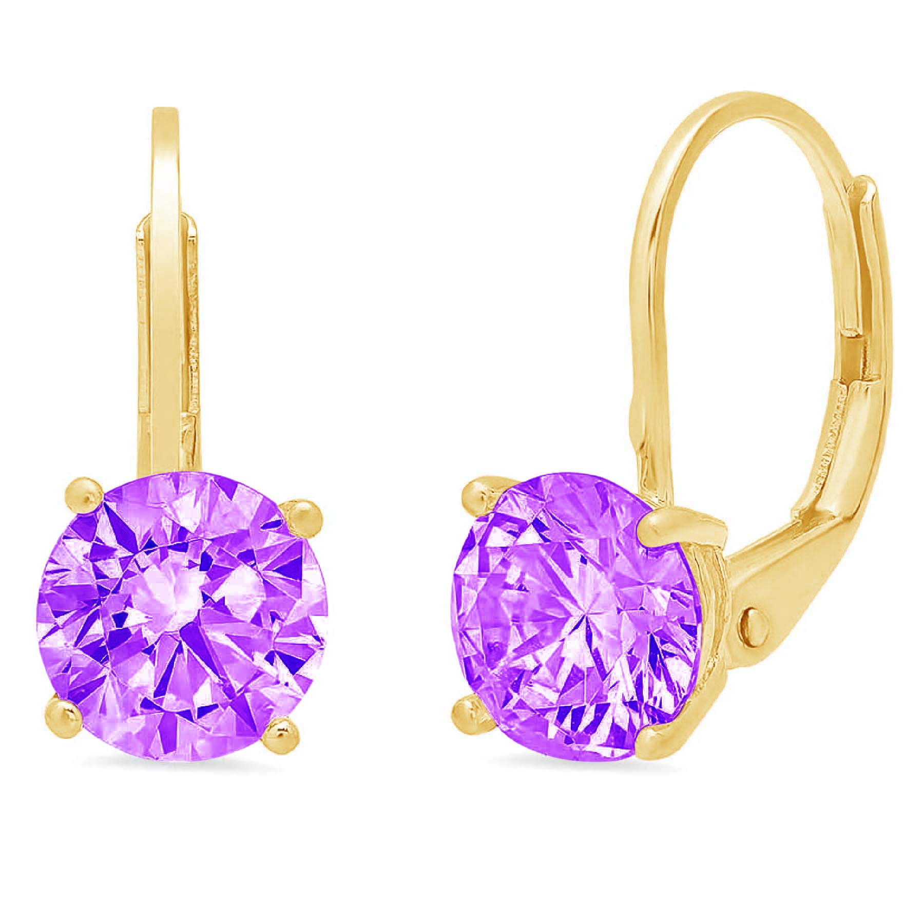 3.0 ct Round Cut ideal VVS1 Conflict Free Gemstone Solitaire Natural Purple Amethyst Designer Lever back Drop Dangle Earrings Solid 14k Yellow Gold