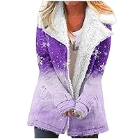 Christmas Sherpa Fleece Coat Womens Snowflake Print Oversized Lapel Botton Down Jackets Fashion Casual Outerwear