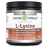 Amazing Formulas L-Lysine Amino Acid Vitamin Supplement (Non-GMO, Gluten Free) - Immune Support, Respiratory Health & More (Powder, 500 Grams)