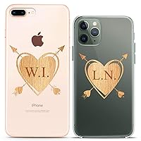 Matching Couple Cases Compatible for iPhone 15 14 13 12 11 Pro Max Mini Xs 6s 8 Plus 7 Xr 10 SE 5 Custom Personalized Clear Wooden Heart Name Girlfriend Love Silicone Cover Anniversary