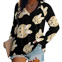 Cute Bunny Rabbit Women's Long Sleeve Shirts Pullover V Neck Sweatshirt Casual Loose T-Shirt Tops