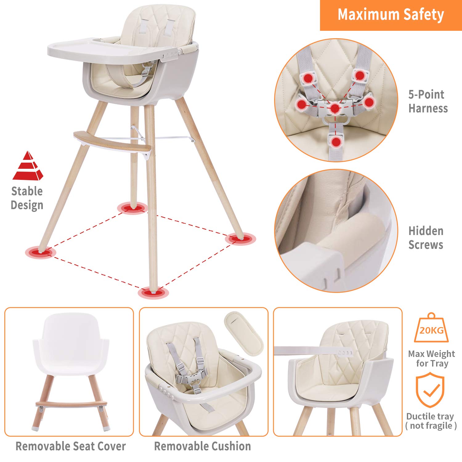 3-in-1 Convertible Wooden High Chair,Baby High Chair with Adjustable Legs & Dishwasher Safe Tray, Made of Sleek Hardwood & Premium Leatherette, Cream Color