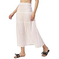 Women Solid Viscose Rayon Casual Skirt, High Waist Smocked Midi Skirt