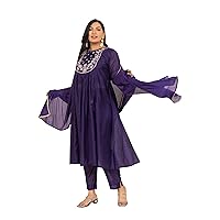 Mothers Day Gifts Plus Size Purple Chanderi Yoke Embroidery A-Line Kurta Set