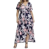 ALLEGRACE Womens Plus Size Dress Summer Short Sleeve Wrap Boho Casual Cocktail Flowy Maxi Dresses