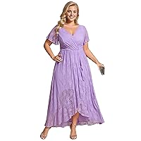 Ever-Pretty Plus Women's V Neck Ruffles Sleeves Pleated Lace Summer Plus Size Semi Formal Dress for Curvy Women 01489-DA