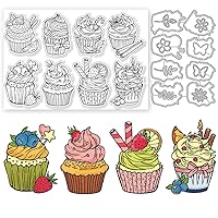 GLOBLELAND Cupcake Clear Stamps and Cutting Dies Cupcake Stamps and Embossing Die Cuts Silicone Stamp Cards and Metal Cutting Die for Card Making and DIY Embossing Scrapbooking