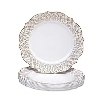 SILVER SPOONS Fancy Disposable Salad Plates (10 PC) Heavy Duty Plastic Plates, Gold Party Supplies for Baby Showers, Weddings, Parties, Birthdays, Picnics and Events, White with Gold Embossed Rim - 9