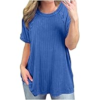 Women's Oversized Ribbed Knit Shirts Summer Vintage Patchwork Style T-Shirt Short Sleeve Crewneck Casual Tunic Tops