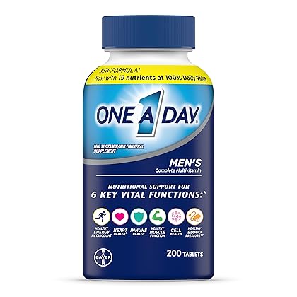 One A Day Men’s Multivitamin, Supplement Tablet with Vitamin A, Vitamin C, Vitamin D, Vitamin E and Zinc for Immune Health Support, B12, Calcium & more, 200 count (Packaging May Vary), pack of 1