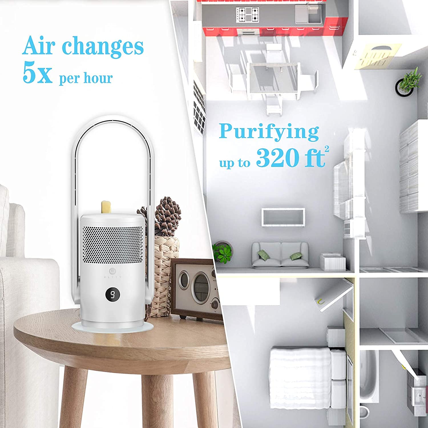 ULTTY Bladeless Tower Fan and Air Purifier in one, 90° Oscillating Tower Fan with HEPA Filter, Remote Control, Touch, 8H Timer, 9 Speeds, Powerful Floor Fan for Bedroom Room Home Office, CR021, White
