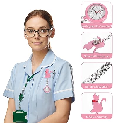 Hemobllo Clip Nurse Watch Clip- on Fob Watches Nurse Pocket Watch Cat Badge Watch Glow in Dark Quartz Watch for Paramedic Nurses Doctors