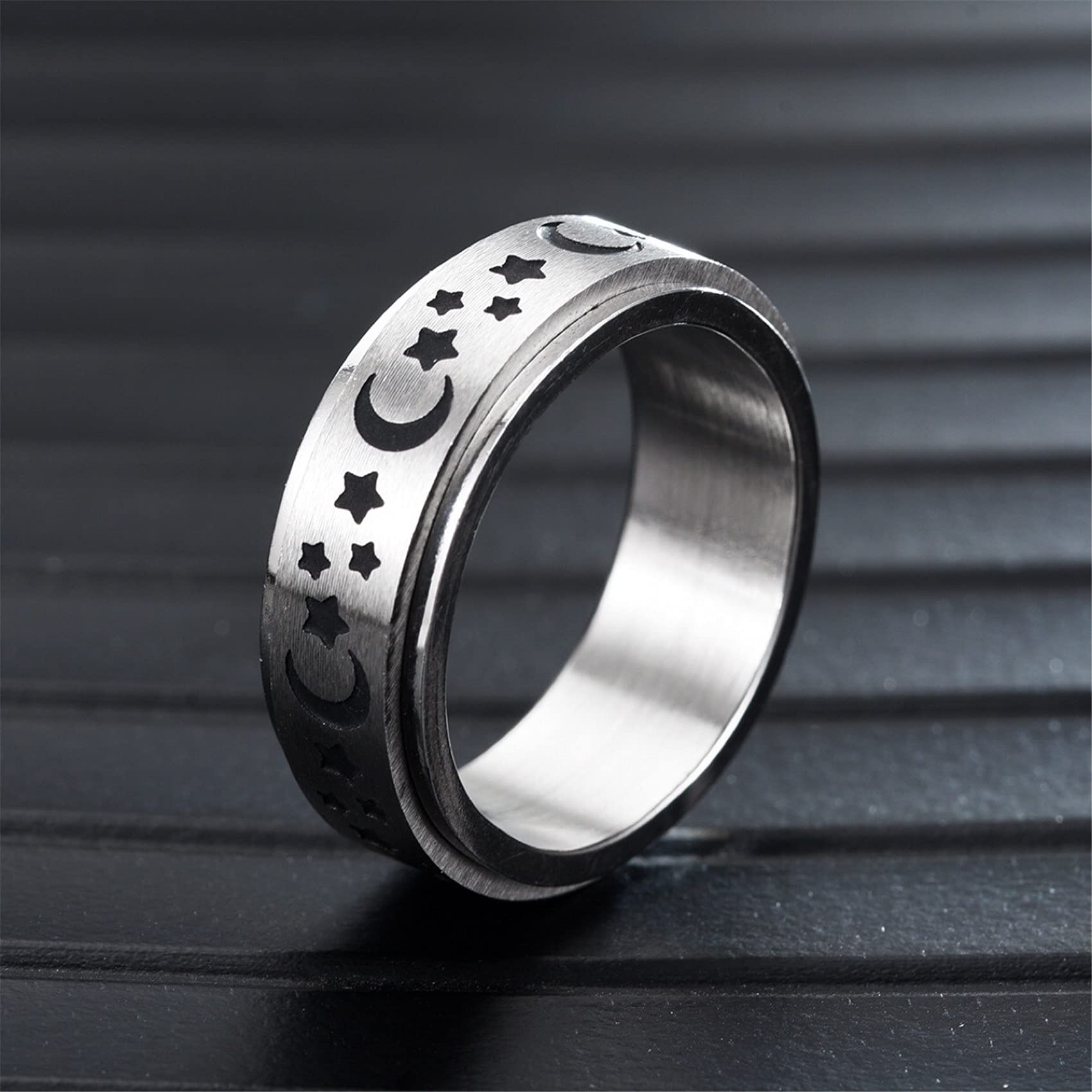 Kshcf Spinner Ring Titanium Steel Ring Anxiety Ring Fashion Decompression Ring Moon and Star Fidget Ring for Women Men