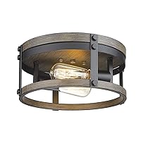 2-Light Farmhouse Flush Mount Ceiling Light Fixture, 12 inch Kitchen Round Ceiling Light with Black & Wood Grain Texture Finish Cage for Entryway Hallway OS-3016BK