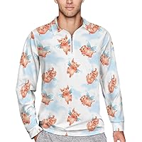 Funny Piglets, Play and Frolic Mens Long Sleeve Polo Shirts Zippered Quarter Sweatshirts Golf Tennis T-Shirt Tops