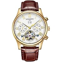 MASTOP Men's Automatic Mechanical Watch Date Moon Phase 24-Hour Indication Calfskin Leather Transparent Watches