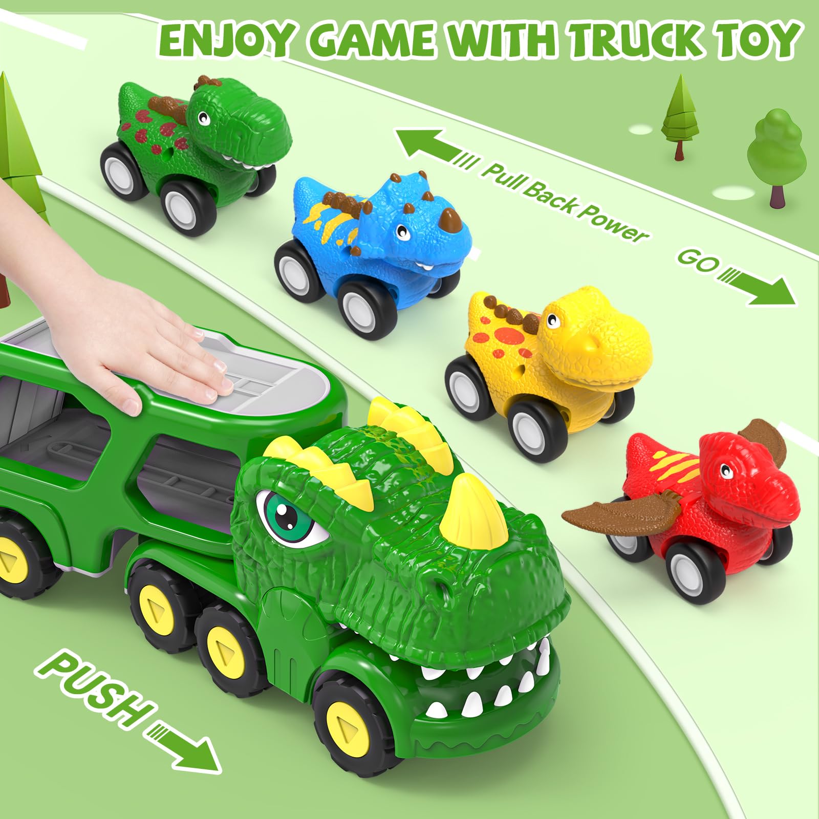 HEGUD Toddler Car Toys for 1 2 3 4 5 Year Old Boy, 5-in-1 Dinosaur Vehicle Trucks Toys with Sounds & Lights Toddler Toys for Boys 4-7 Dinosaur Toys for Kids 3-5