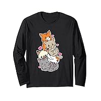 Funny Cats Cute Kitty Pile Anime Neko Kawaii Gift Girls Teen Long Sleeve T-Shirt