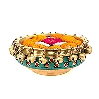 Gemstone Work Brass Urli Ethnic Traditional Bowl with Bells, 6 Inches Brass Urli, Urli for Flowers, House Warming Gift, Decorative Bowl for Flowers, Material - Brass, Pack of 1