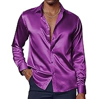 PJ PAUL JONES Men's Shiny Satin Dress Shirts Long Sleeve Button Down Silk Shirt with Bow Tie