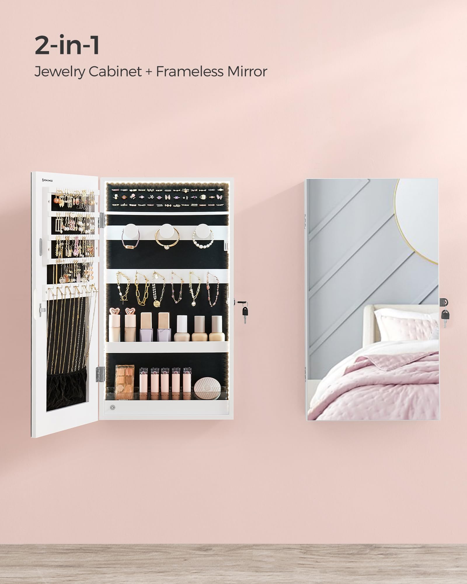SONGMICS Mirror Jewelry Cabinet Armoire with Built-in LED Lights, Wall or Door Mounted Jewelry Storage Organizer, 3.8 x 14.6 x 26.4 Inches Hanging Mirror Cabinet, Gift Idea, White UJJC050W01