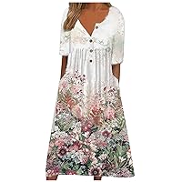 Party Dresses for Girls Short Sleeve Crewneck Floral Print Seamless Modern Plus-Size A-Line Flowy Maxi Dresses