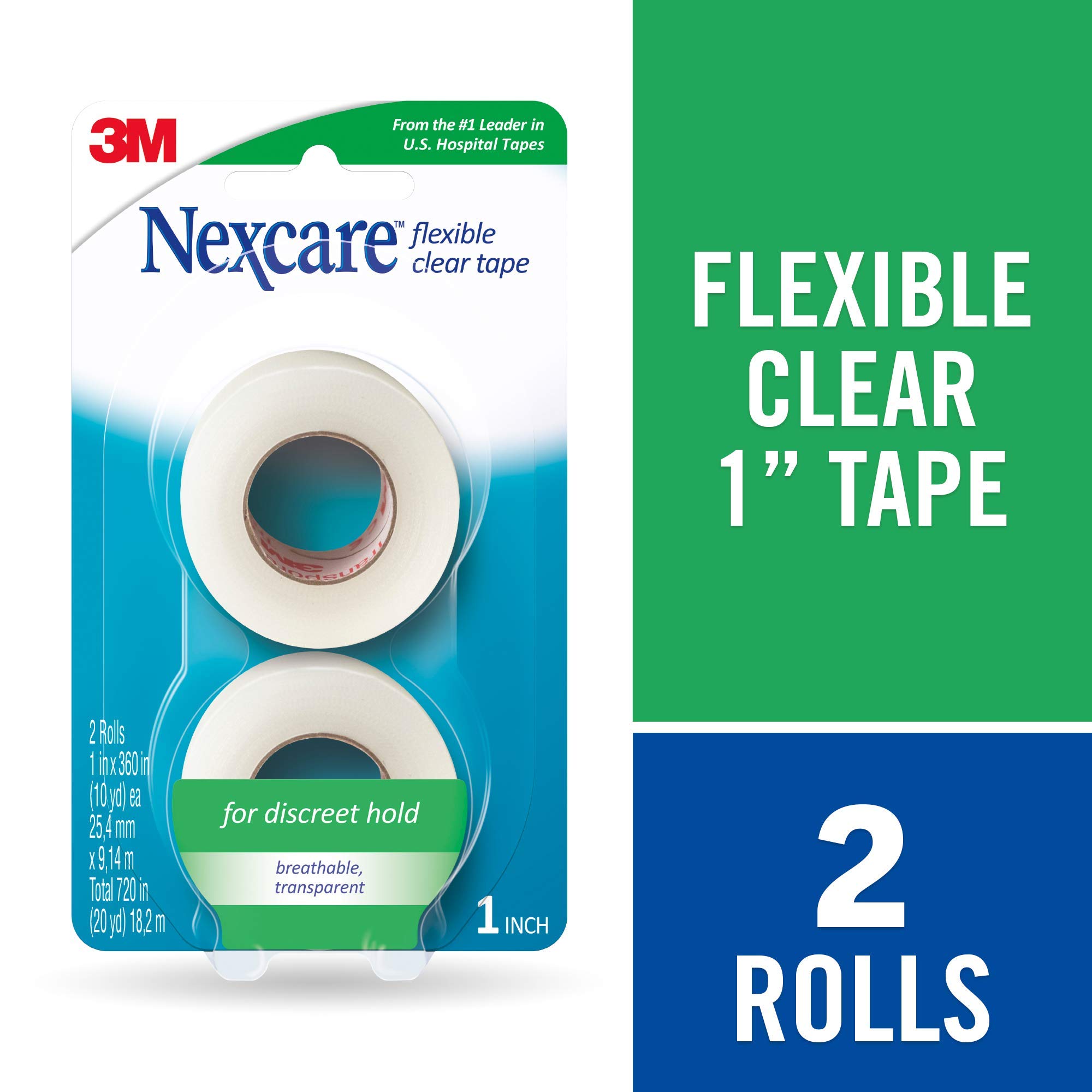 Nexcare Flexible Clear Tape, Tough, It’s clear, Stretchy Design Conforms To Hard To Tape Areas, 1-Inch X 10-Yards (Pack of 2)